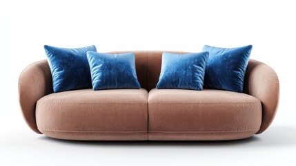Modern beige sofa, blue pillows, studio, white background, interior design
