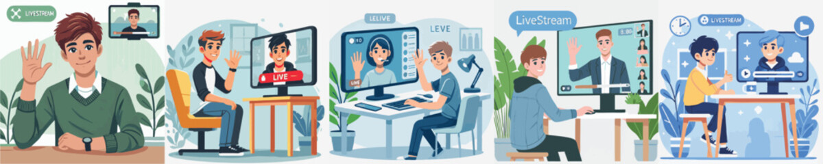 Vector set of a teenager watching a livestream with a simple flat design style