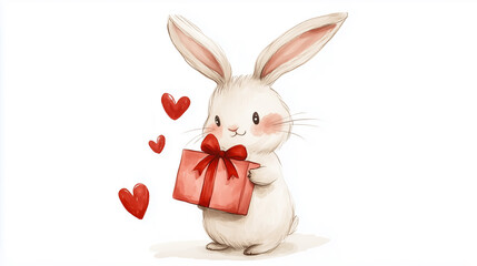 Obraz premium White bunny holding a red Valentine's gift box adorned with hearts