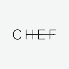 Chef word design with illustration of grill on the letter H, knife on the letters E and F.

