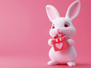 Obraz premium Cute white rabbit holding a gift box with a red ribbon