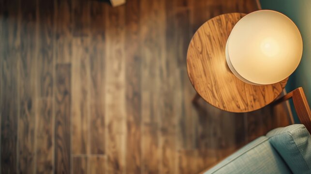 Cozy hotel room nightstand with empty wooden surface ideal for product display and customization