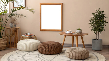Cozy interior design with poster mockup in modern living room corner setting.