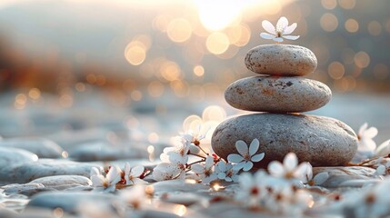 Serene wellness banner with zen stones and blossoms in soft cloud gradients