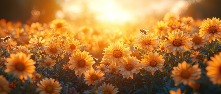 Vibrant wild bees pollinating native flowers at sunset bokeh