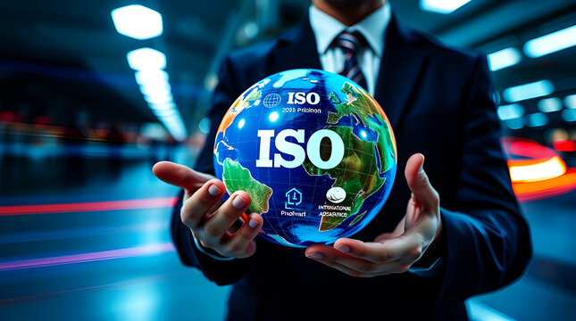 A long exposure photograph captures a businessman presenting a globe with ISO icons in electric vivid colors. Motion and light trails are visible, representing the International Organization for Stand - Powered by Adobe
