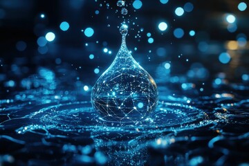 Digital water drop with glowing network.