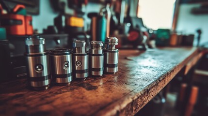 Close-up of Disassembled Mechanical Components on a Wooden Workbench in a Workshop with Hand Tools and Industrial Equipment in the Background