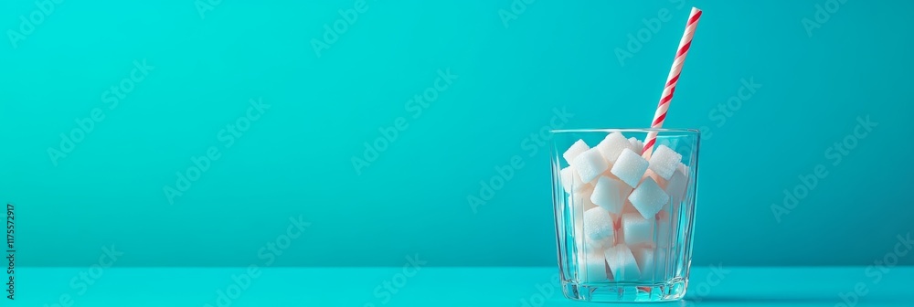 Poster glass full of refined sugar cubes with a straw symbolizing sugary drinks and the dangers of excessiv