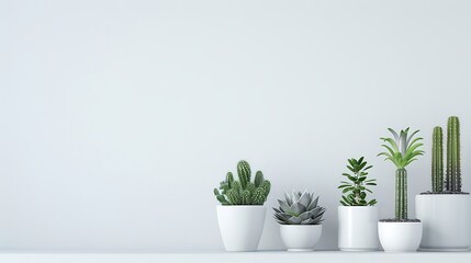 Beautiful succulents in different pots on white shelf against white wall