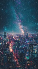 Vibrant night view of city lights blending with the milky way urban landscape aerial perspective cosmic serenity