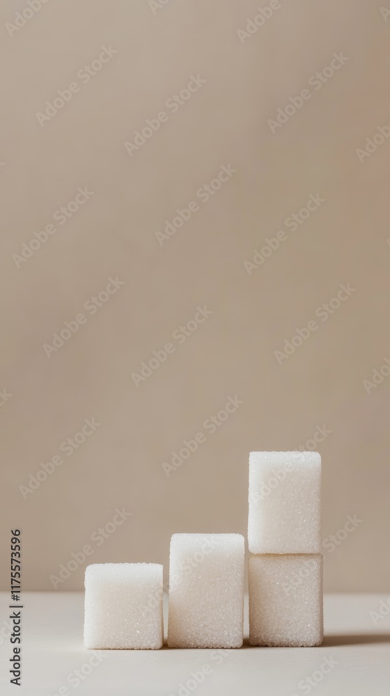 Poster four sugar cubes arranged on a beige surface form a rising graph, highlighting sugar consumption and