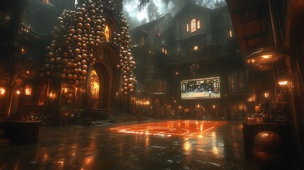 Gothic Courtyard Basketball Court With Illuminated Screen