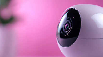 Innovative smart home security camera with sleek design placed against a vibrant pink backdrop