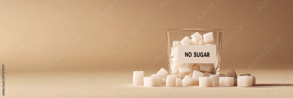 Poster small glass container filled with sugar cubes and labeled with no sugar promotes a sugar free lifest