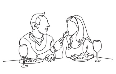 Continuous line drawing of a romantic couple in a restaurant having lunch. one line couple dining in the restaurant vector illustration. Lifestyle, love, relationships, food concept.