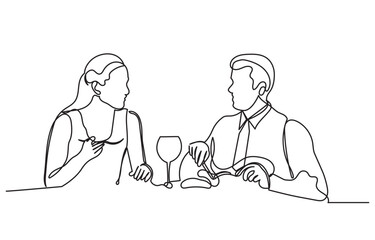 Continuous line drawing of a romantic couple in a restaurant having lunch. one line couple dining in the restaurant vector illustration. Lifestyle, love, relationships, food concept.
