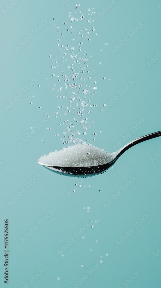 Poster tiny sugar granules are overflowing a spoon against a vibrant turquoise backdrop, creating a visual 