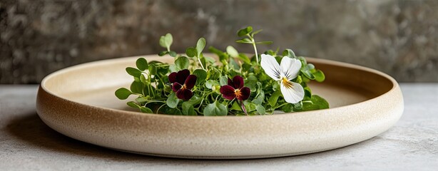 Community-focused farm-to-table Restaurants with Eco-Friendly Designs, a macro photography image focusing on a single plate with delicate microgreens and edible flowers, beautifully presented