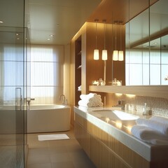 Modern bathroom with freestanding tub, glass shower, and wood vanity.