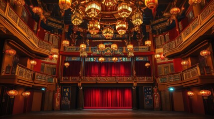 Fototapeta premium Ornate Asian Theater Stage Red Curtains Lanterns