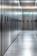 Naklejka premium Empty interior of locker room showscases in sports gym, rows of metal lockers for storing sports uniforms