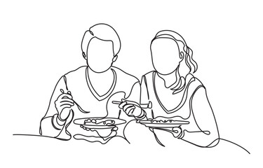 Continuous line drawing of a romantic couple in a restaurant having lunch. one line couple dining in the restaurant vector illustration. Lifestyle, love, relationships, food concept.