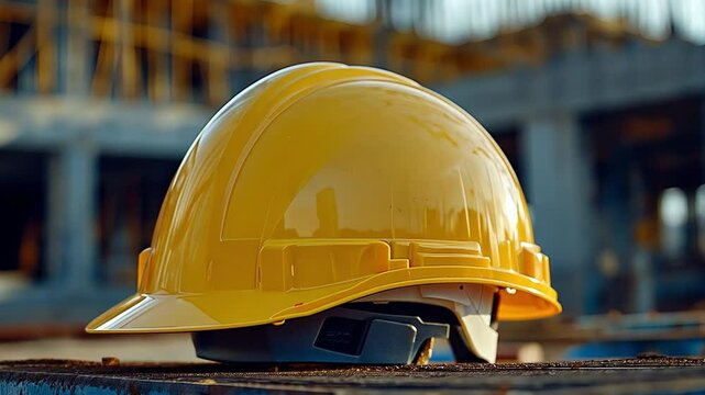 At a construction site, a yellow construction helmet bearing drawings