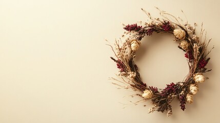 Fototapeta premium A wreath of hops and dried flowers, isolated on a pale cream background with warm tones