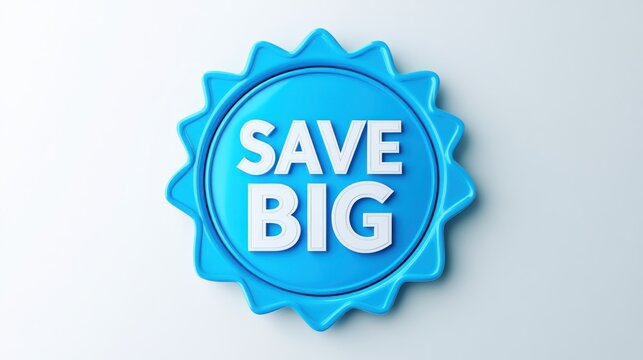 3D render of a blue badge with "Save Big" text.
