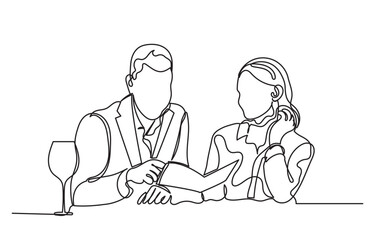 Continuous line drawing of a romantic couple in a restaurant having lunch. one line couple dining in the restaurant vector illustration. Lifestyle, love, relationships, food concept.
