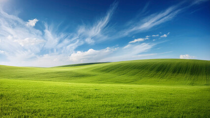 Obraz premium Beautiful spring landscape with green field and blue sky with white clouds