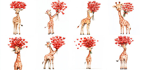 Watercolor Giraffes and Hearts Bouquet - Adorable watercolor painting of giraffes carrying or adorned with bouquets of red hearts. Symbolizing love, affection, friendship, joy, and celebration.