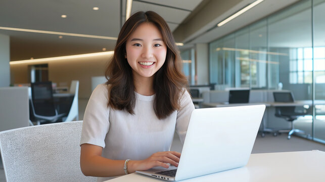Young asian woman smiling and typing on laptop in modern office