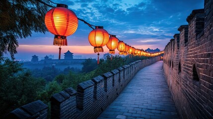 Illuminated Great Wall path at twilight with lanterns