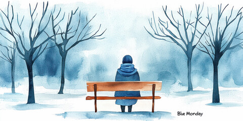 Blue Monday watercolor illustration of a person sitting on a wooden bench in a snowy park surrounded by leafless trees.