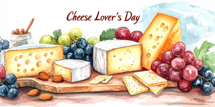 National Cheese Lover's Day watercolor illustration featuring a wooden platter with assorted cheeses, grapes, crackers, and almonds on a soft background.