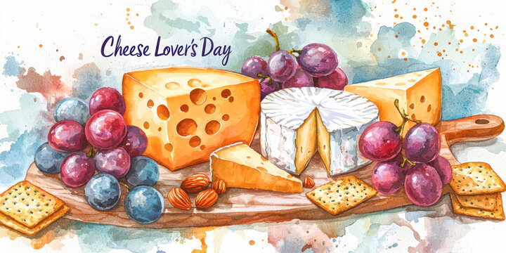 National Cheese Lover's Day watercolor illustration featuring a wooden platter with assorted cheeses, grapes, crackers, and almonds on a soft background.
