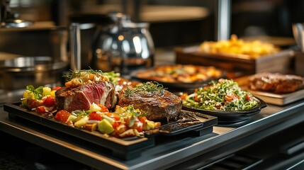 Obraz premium Exquisite Steak and Vegetable Platter with Fresh Salad on a Professional Serving Counter