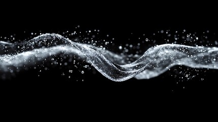 Flowing abstract liquid in black and white accented by soft white particles in a sleek design