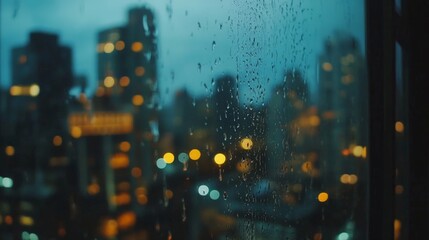 Raindrops on window overlooking city skyline at dusk with blurred lights.