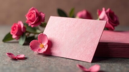 Mockup design of gift certificate with pink paper hearts and pink roses on light background. Valentine's Day present. Copy space. Empty place for text. Love symbol. Wedding invitation. Side view