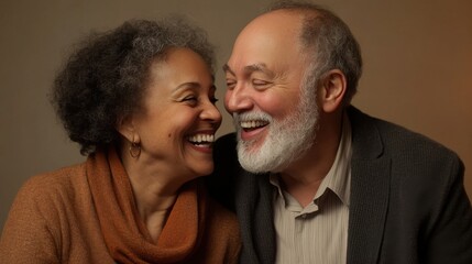 Fototapeta premium A cheerful senior biracial couple sitting closely, exchanging a heartfelt laugh, with a softly lit background providing ample copy space for design use.