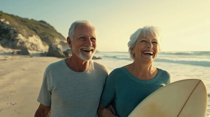 A cheerful senior couple walking along a sunlit beach, sharing a surfboard and laughs, with the serene ocean and endless horizon behind them.