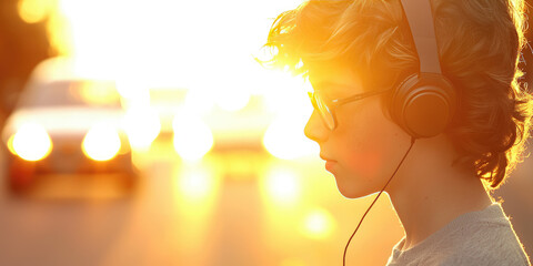 Teenager wearing headphones crossing the road, oncoming car lights in background, road hazards, pedestrian rules