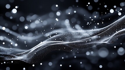 Abstract black and white liquid patterns with luminous particles creating elegance