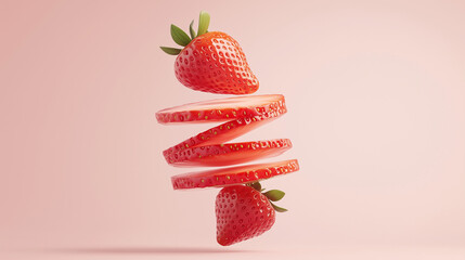 A strawberry is sliced into several pieces, suspended in the air against a pastel pink background