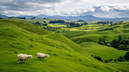 Fototapeta premium Rolling green hills with grazing sheep under a cloudy sky in a serene rural landscape