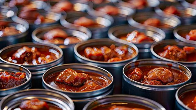 close-up of canned meat. Selective focus