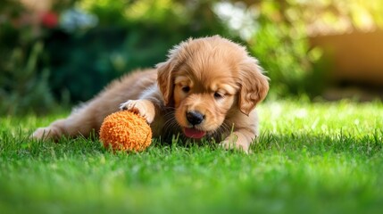 Fototapeta premium Smiling golden retriever enjoying a sunny day in a park surrounded by autumn leaves.